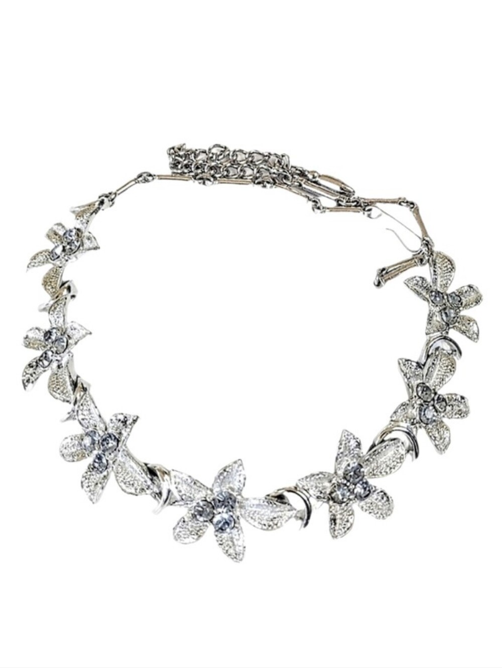 💙 Vintage Coro Baby Blue Rhinestone Silver Floral Flower Link Choker Necklace